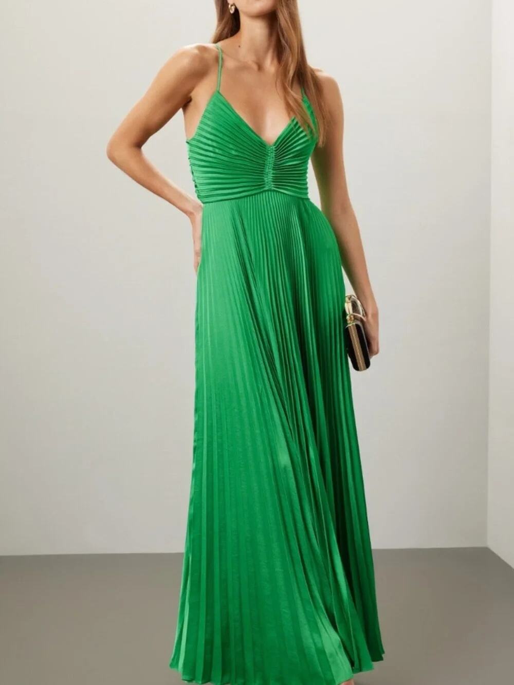 A.L.C. ALC Aries Kelly Green Satin Pleated Dress Maxi Tie Back - Size 10